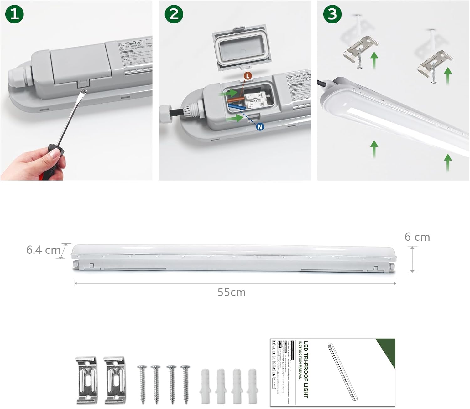Detalle 2 de TONFFI Feuchtraumleuchte LED 60 cm (6000 K, IP65, 2250 lm) – verknüpfbar für Keller, Garage & Werkstatt