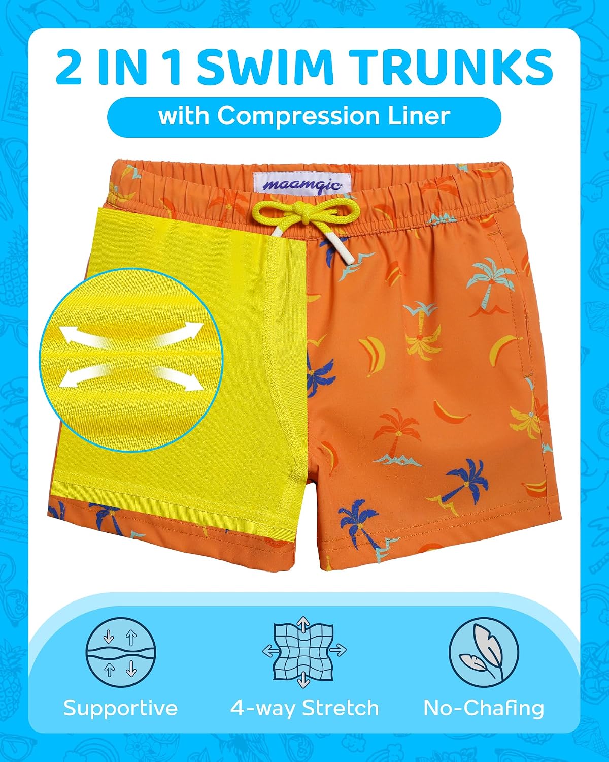 Detalle de maamgic Boys Swim Trunks with Compression Liner — 4-Way Stretch Quick-Dry Toddler Swim Shorts