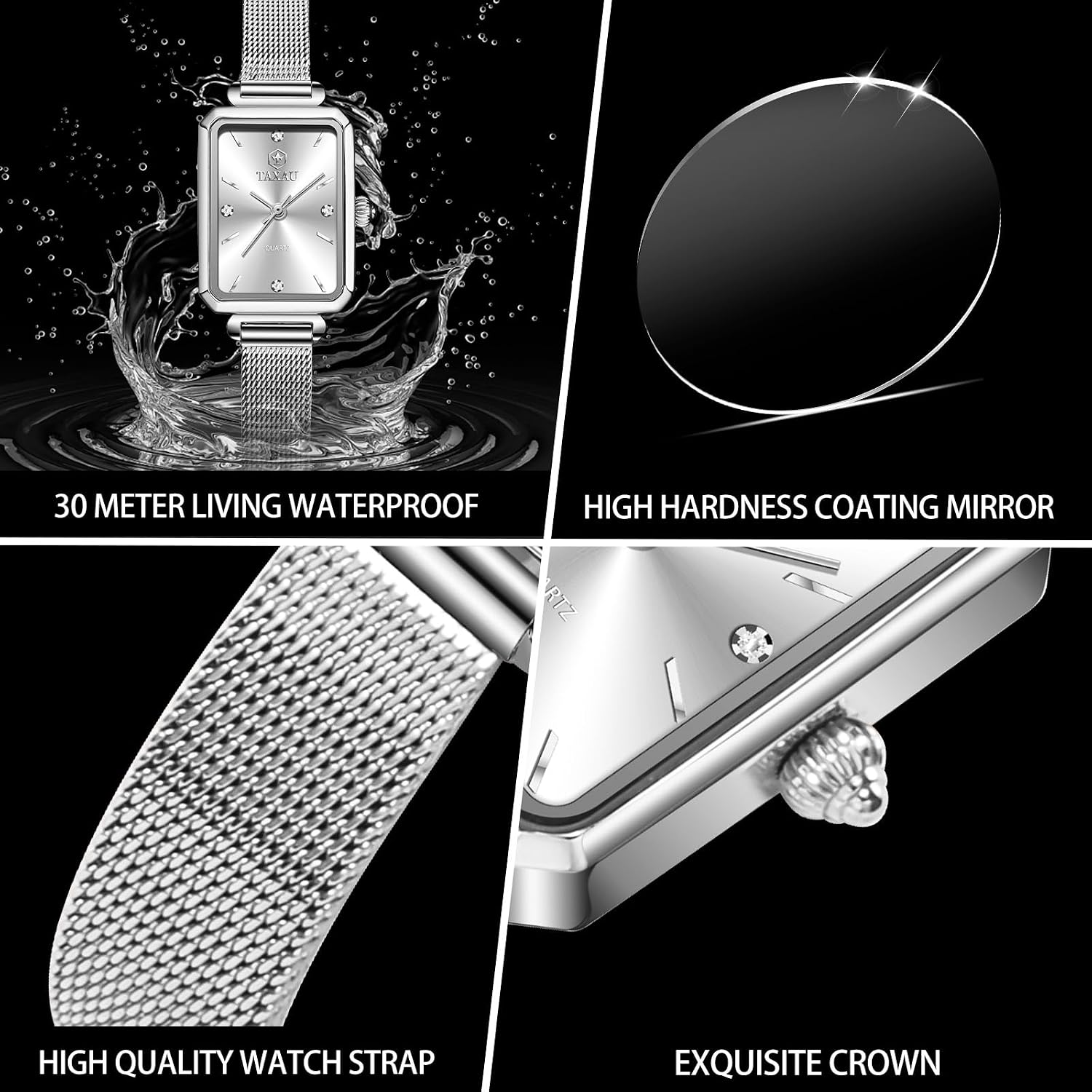 Detalle de Taxau Damenarmbanduhr eckig mit Edelstahl-Mesh-Armband (Quarz, roségold) – Wasserdicht bis 3 ATM
