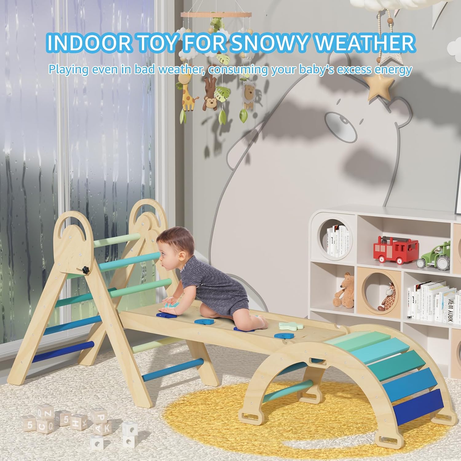 Detalle de investfun Pikler Triangle Set, Montessori Climbing Set for Toddlers (Blue-Nature)