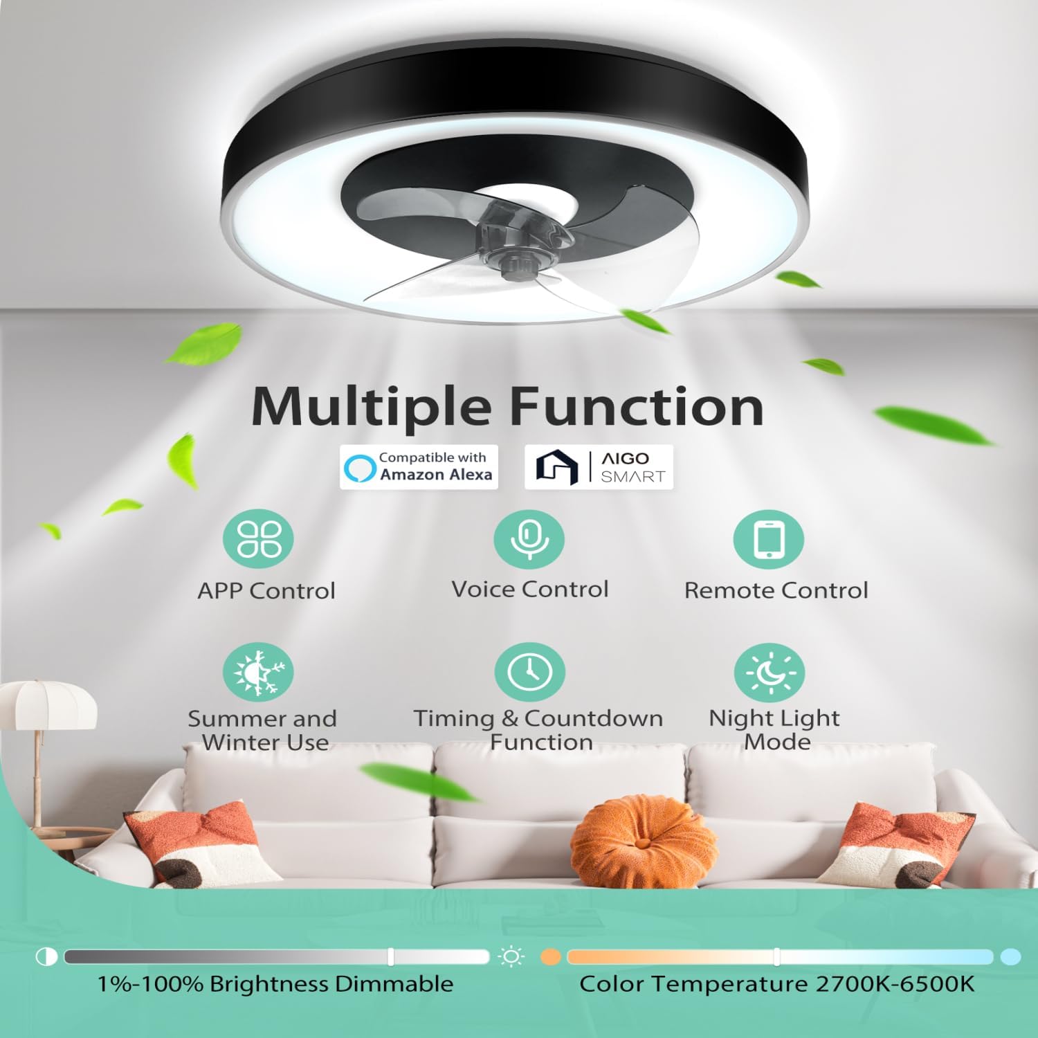 Detalle 2 de Aigostar Ventilador de Techo con Luz Inteligente y Control remoto