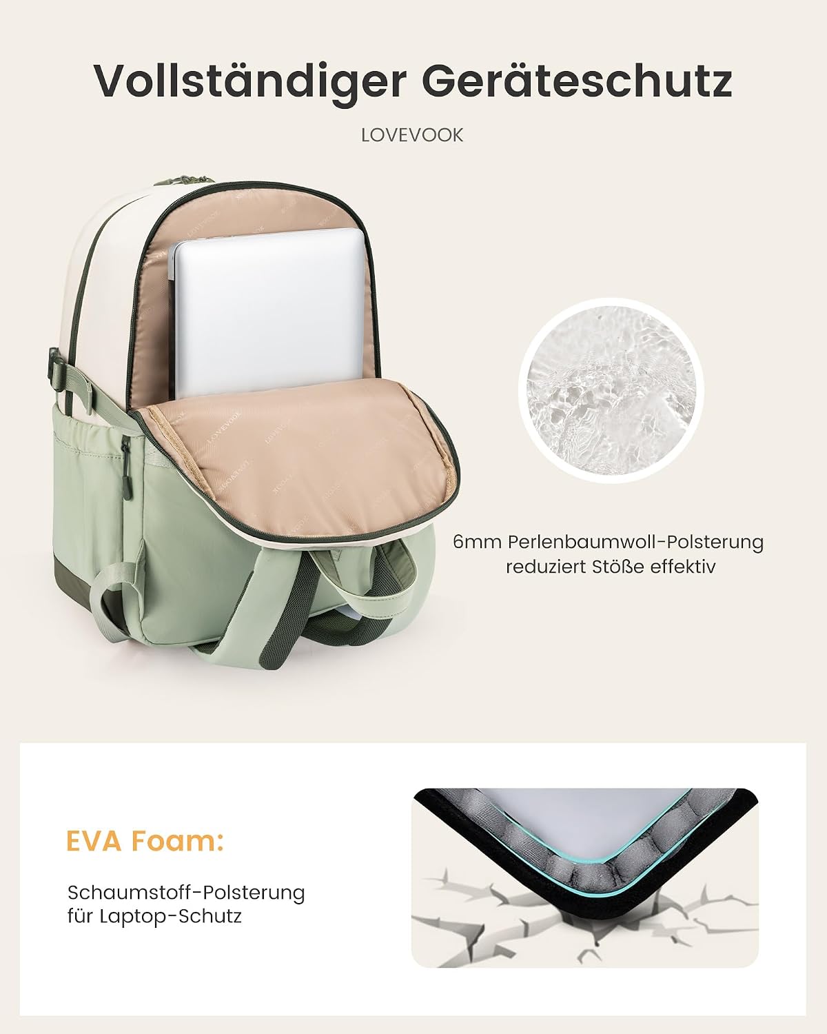 Detalle de LOVEVOOK Rucksack Damen 15,6 Zoll – Laptop-Tagesrucksack mit großzügigem Fach, Wasserflasche, TSA-Komfort und individuellem Stil