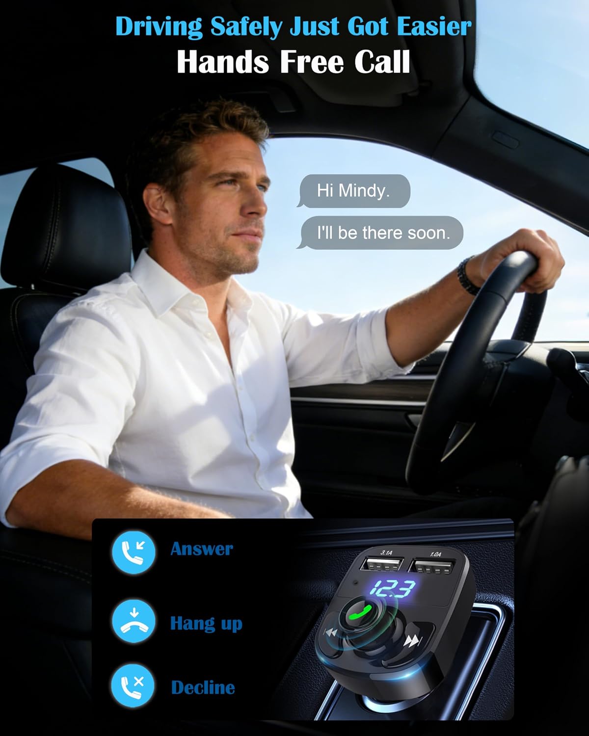 Detalle 2 de LIHAN HY82 Bluetooth 5.3 FM Transmitter with Dual USB Charging and Hands-Free Calls