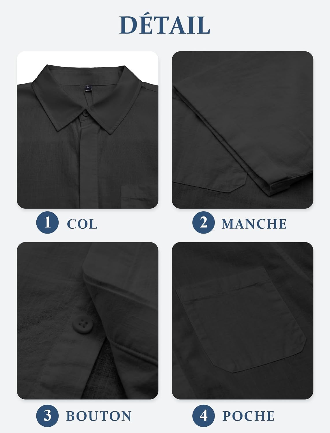 Detalle 2 de Friptspyg Chemise en coton et lin à manches courtes pour homme avec poches et boutons cachés