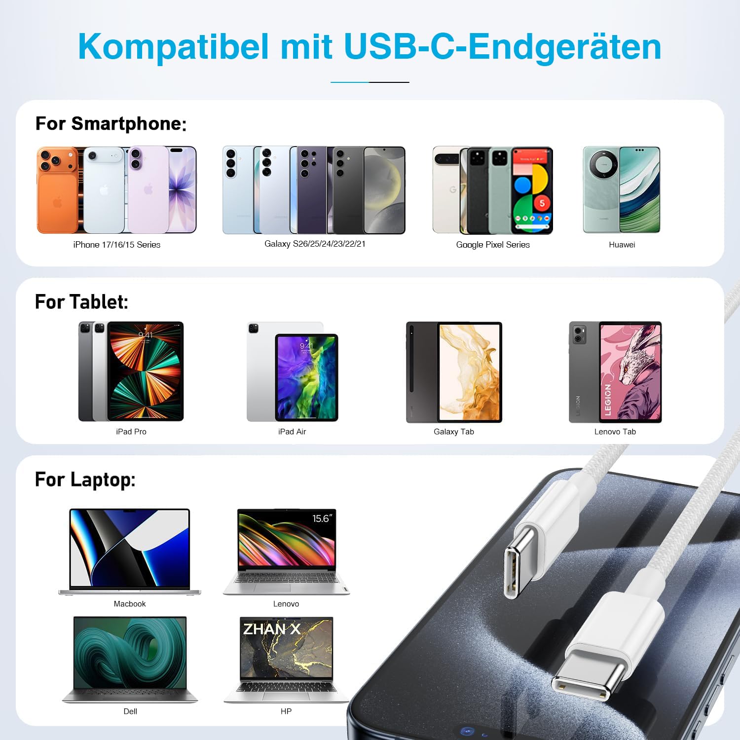 Thumbnail 6 de iPhone 15 Ladekabel 2er-Set geflochten USB‑C auf USB‑C (PD bis 60 W)