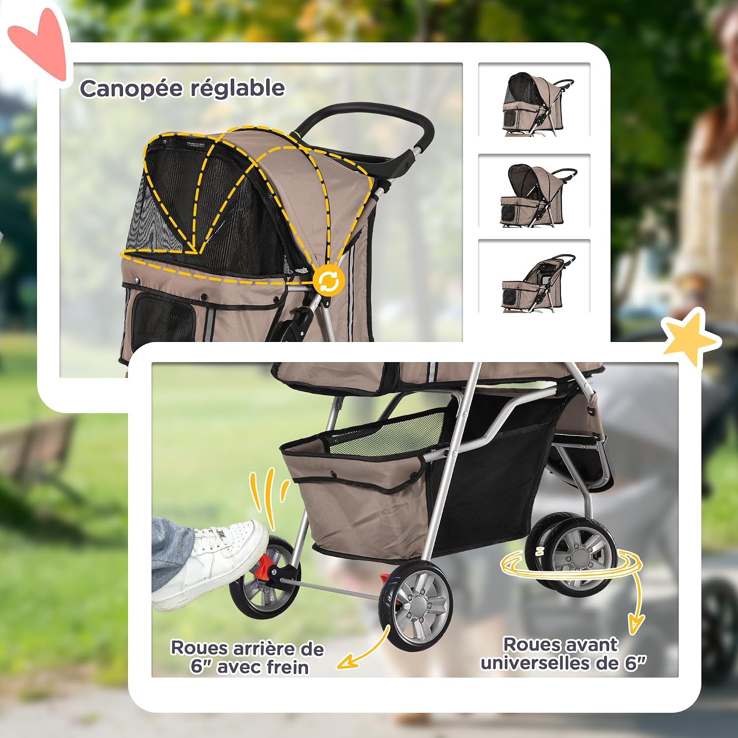 Detalle de PawHut Poussette buggy pliable pour animaux – chariot chien chat, 75 x 45 x 97 cm, marron