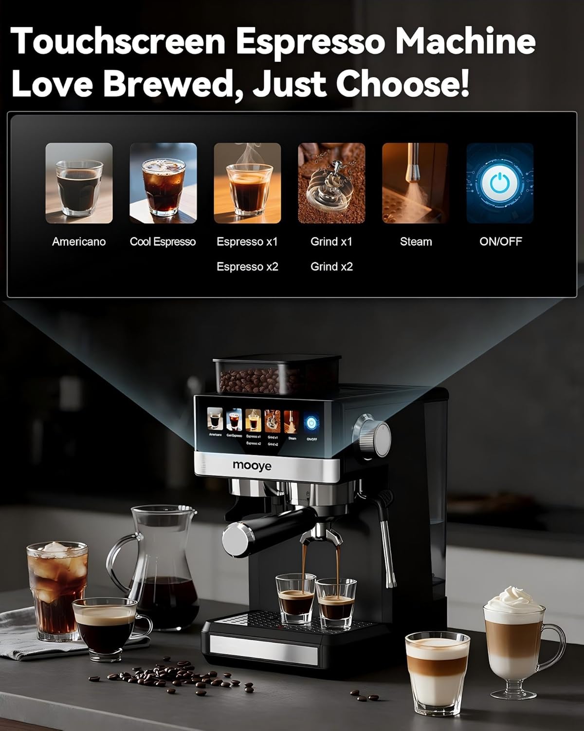 Thumbnail 1 de Mooye Espresso Machine with Grinder (20-Bar) with Steam Wand for Cappuccino, Latte & Cold Brew
