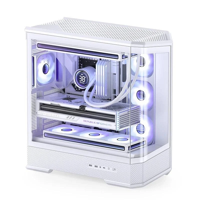 Detalle de Caja PC Jonsbo D400 Blanca: diseño acrílico de cristal templado y gran compatibilidad ATX/Micro-ATX/Mini-ITX
