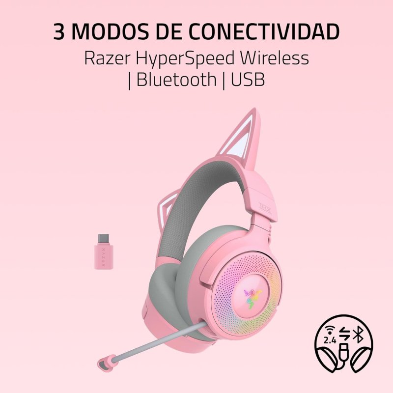 Detalle de Razer Kraken Kitty V3 Pro: auriculares gaming inalámbricos con orejas RGB y sonido inmersivo
