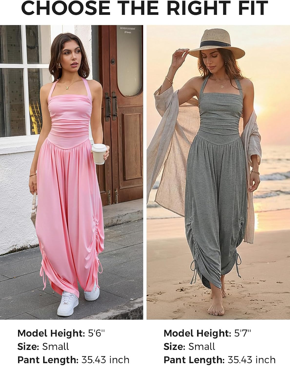 Detalle de Fisoew Women's Casual Jumpsuits: Summer Halter Wide-Leg Overalls with Side-Cinch