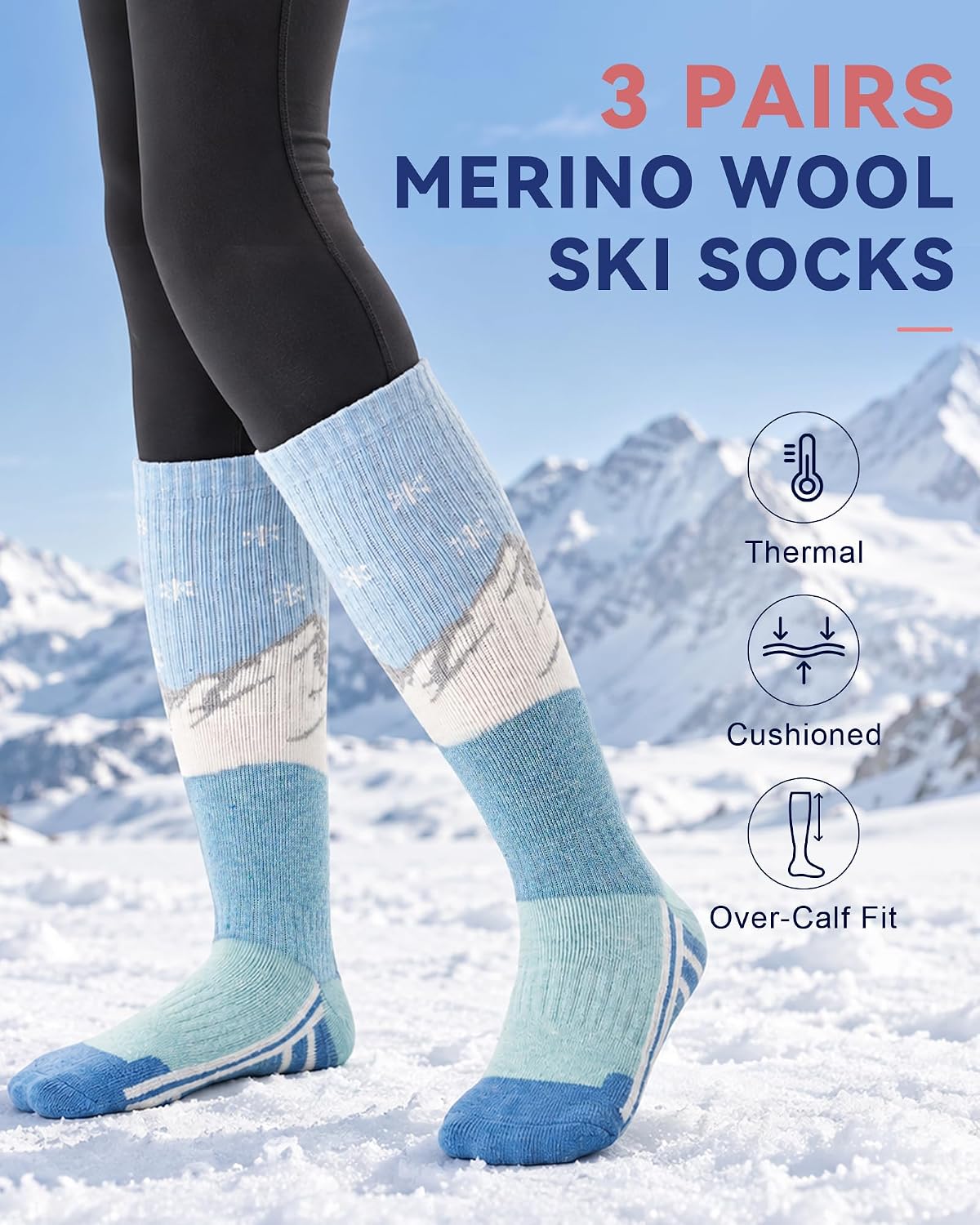 Detalle de Niorasen damskie skarpety narciarskie do kolan, 60% wełny merino, 3 pary