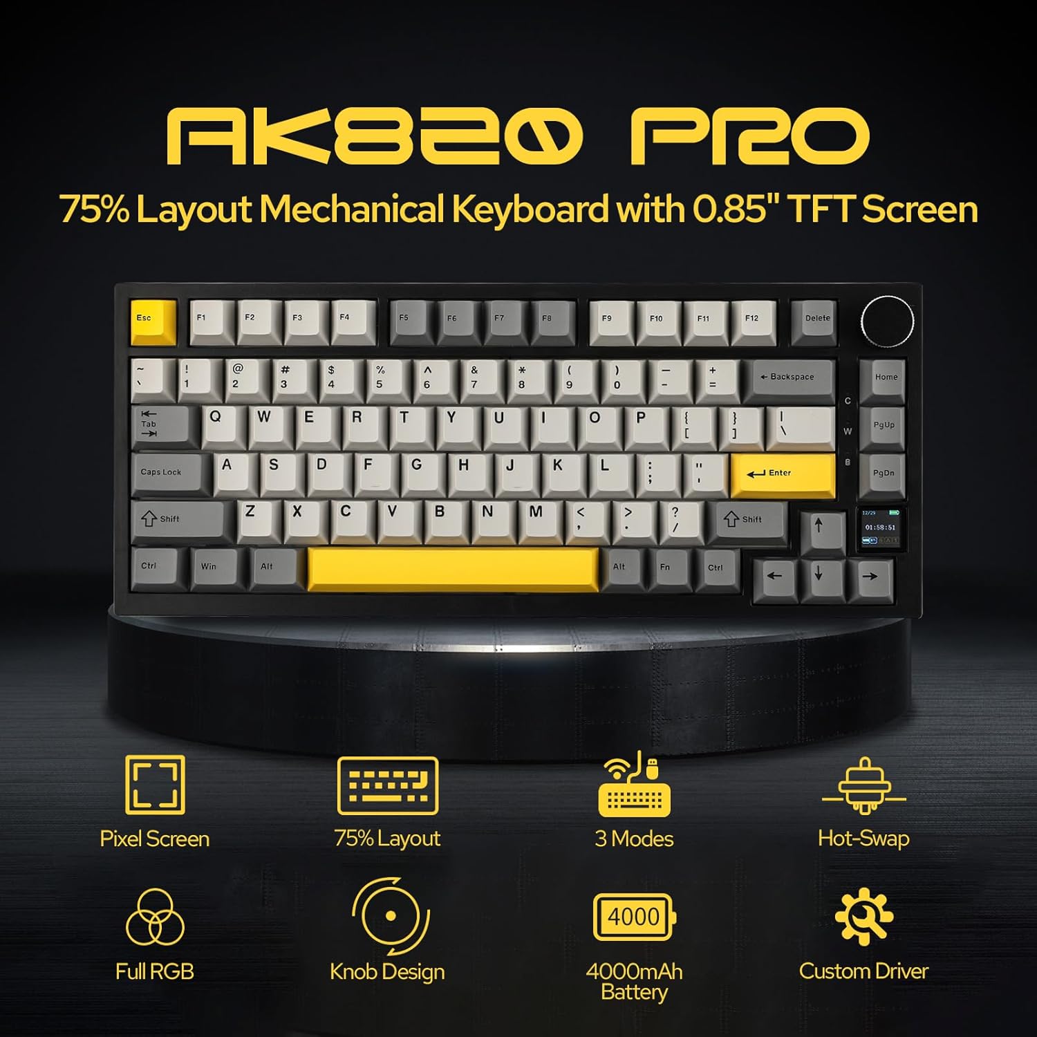 Thumbnail 1 de EPOMAKER Ajazz AK820 Pro 75% Gasket — clavier mécanique sans fil BT/2,4 GHz, TFT RGB et insonorisation