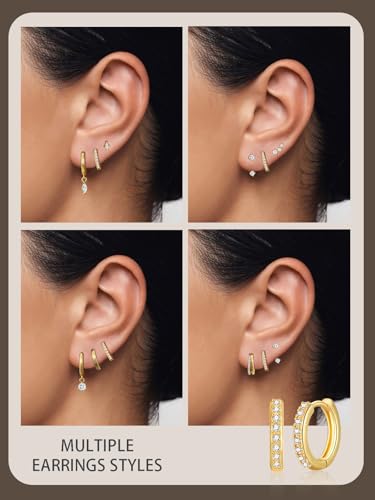 Detalle de ESPVO Gold Hoop Stud Earrings Set for Women (14k Gold Plated, Hypoallergenic) – 3 Pairs