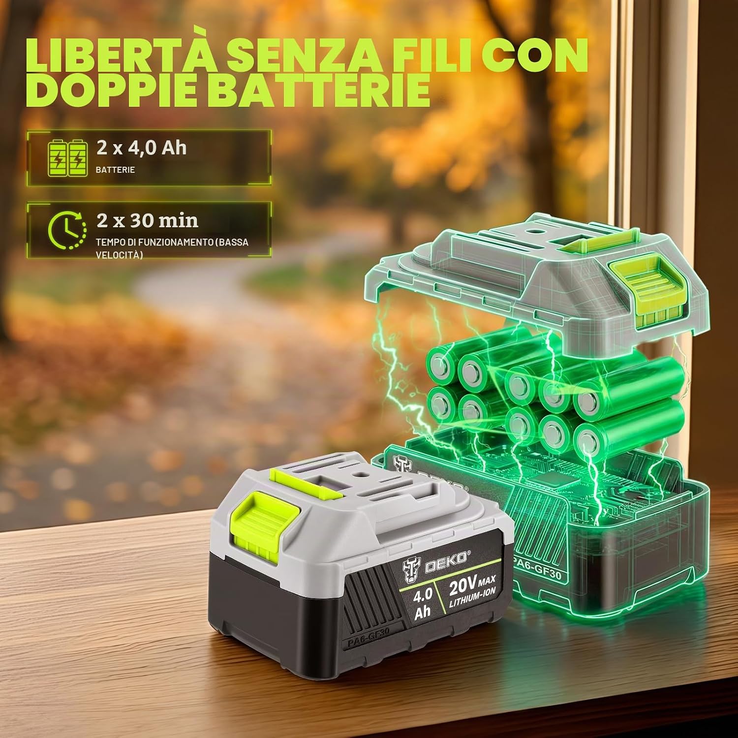 Detalle de DEKOPRO Soffiatore a Batteria 20V con 2 Batterie da 4.0Ah e Caricabatterie — 650 CFM, 257 km/h, 2 Velocità