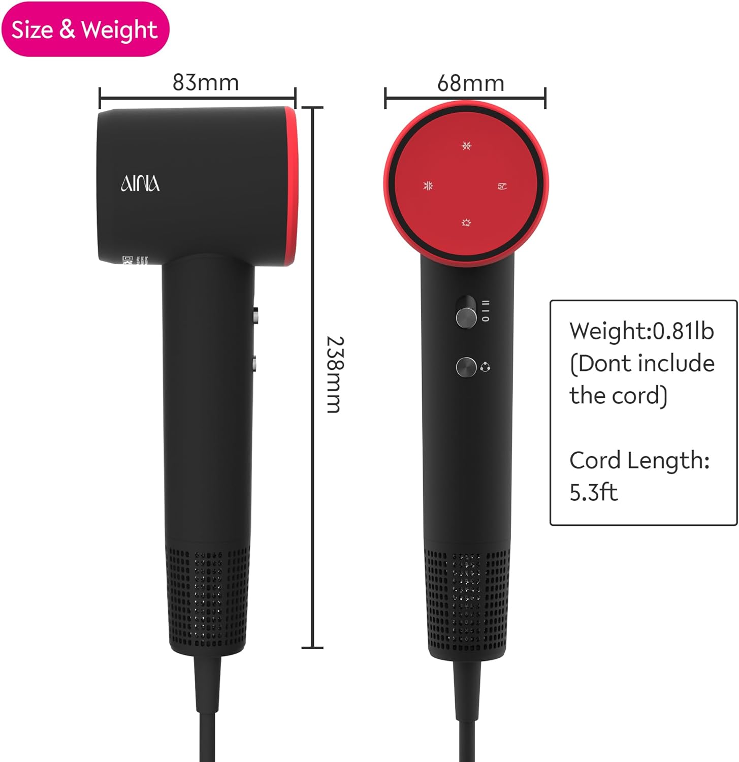 Thumbnail 1 de AINA High Speed Hair Dryer with Brushless Motor (1A Red) – Performance, portability and intelligent heat control