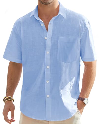 Detalle de J.VER Mens Linen Shirts Short Sleeve Summer Casual Lightweight Cotton Regular Fit Beach Button Down Shirt for Men with Pocket Blue L
