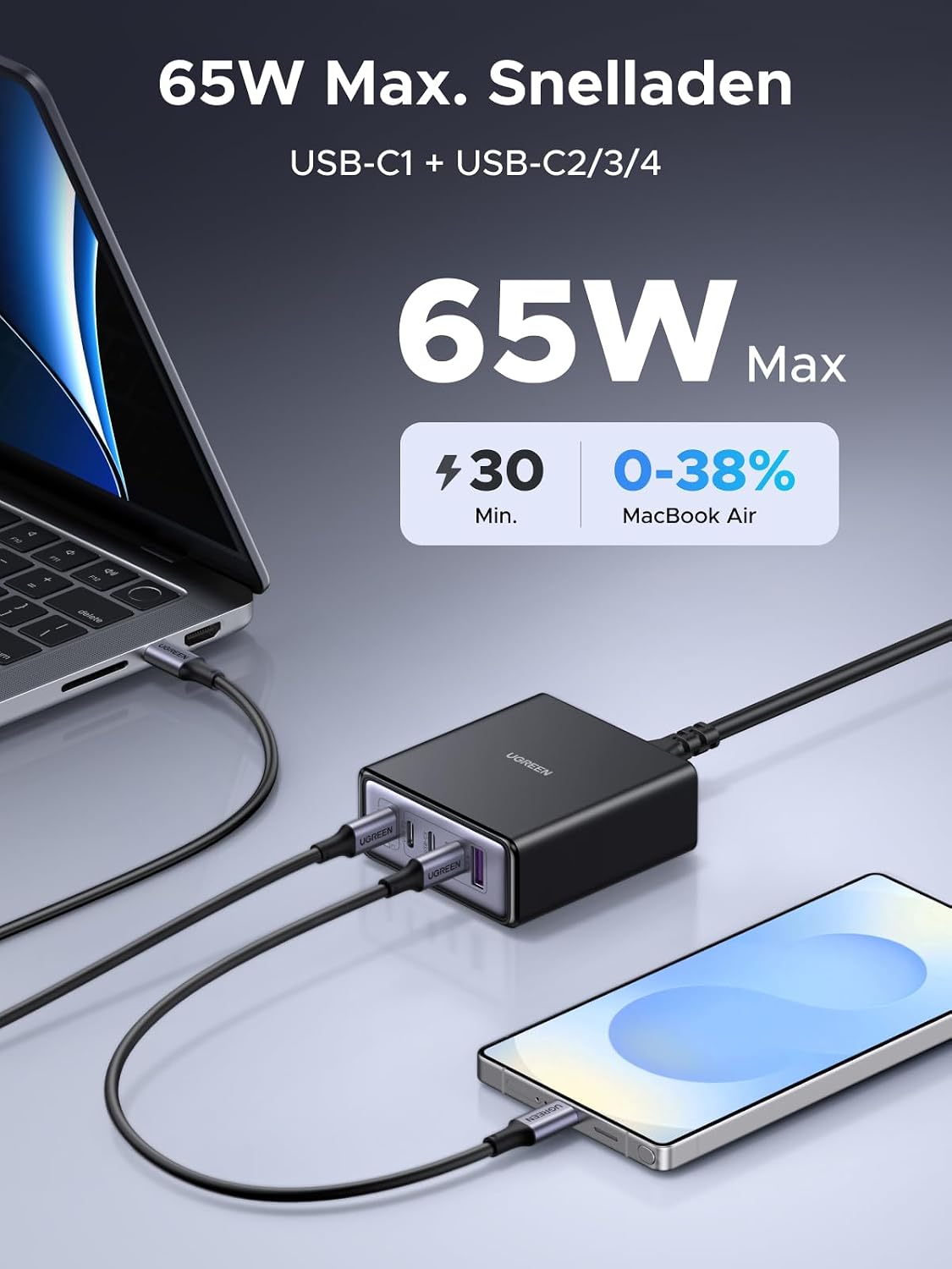 Detalle de UGREEN 65W GaN USB-C-lader, 5-in-1 desktoplaadstation met PPS