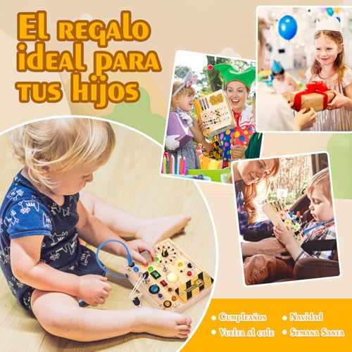Detalle de Hoarosall Busy Board: Tablero de Actividades Montessori de Madera con 10 Interruptores y 23 LEDs