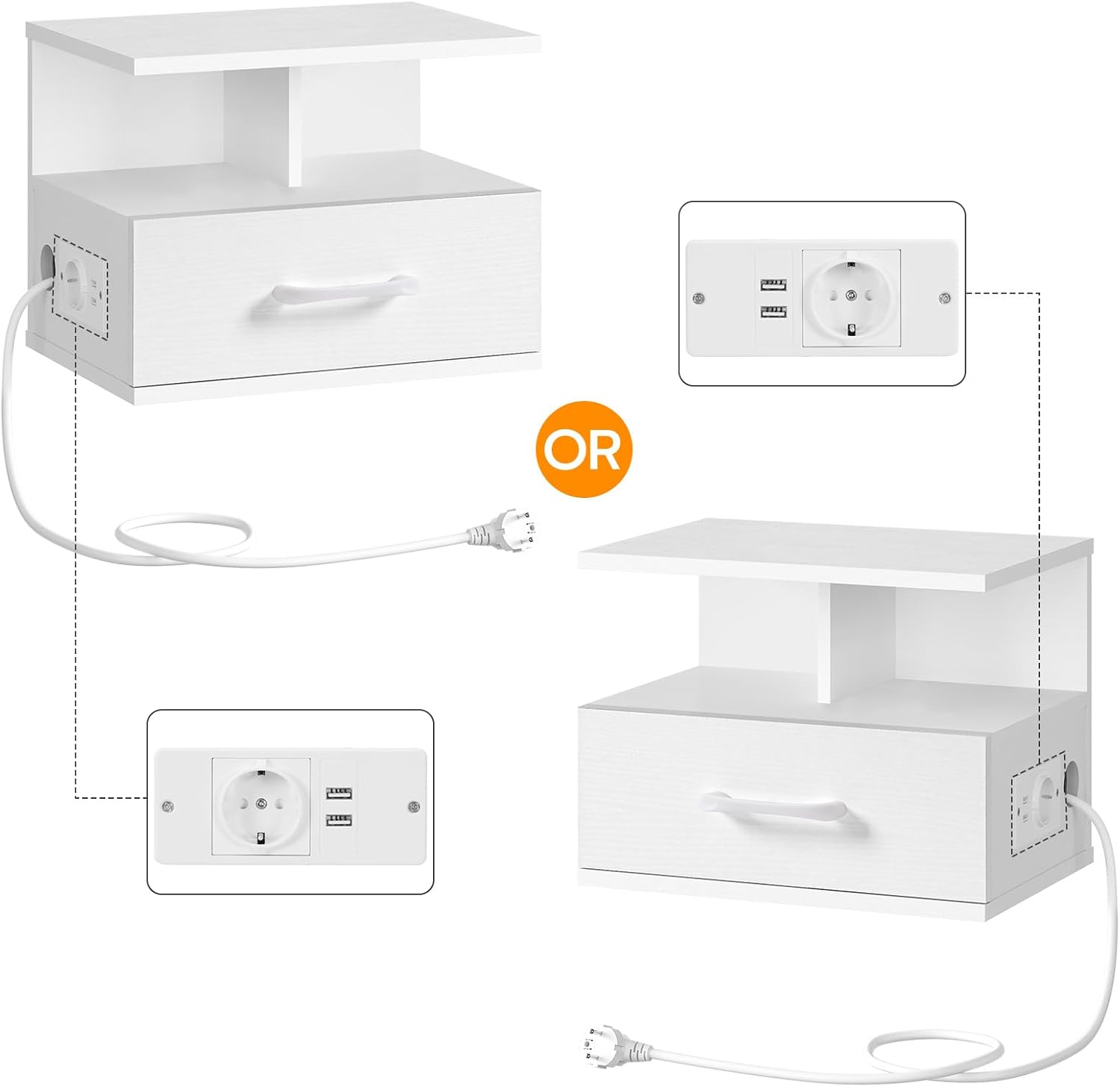 Detalle de HOOBRO Set di 2 Comodino Sospeso con Stazione di Ricarica e Cassetto - Bianco EWT127CBZP201