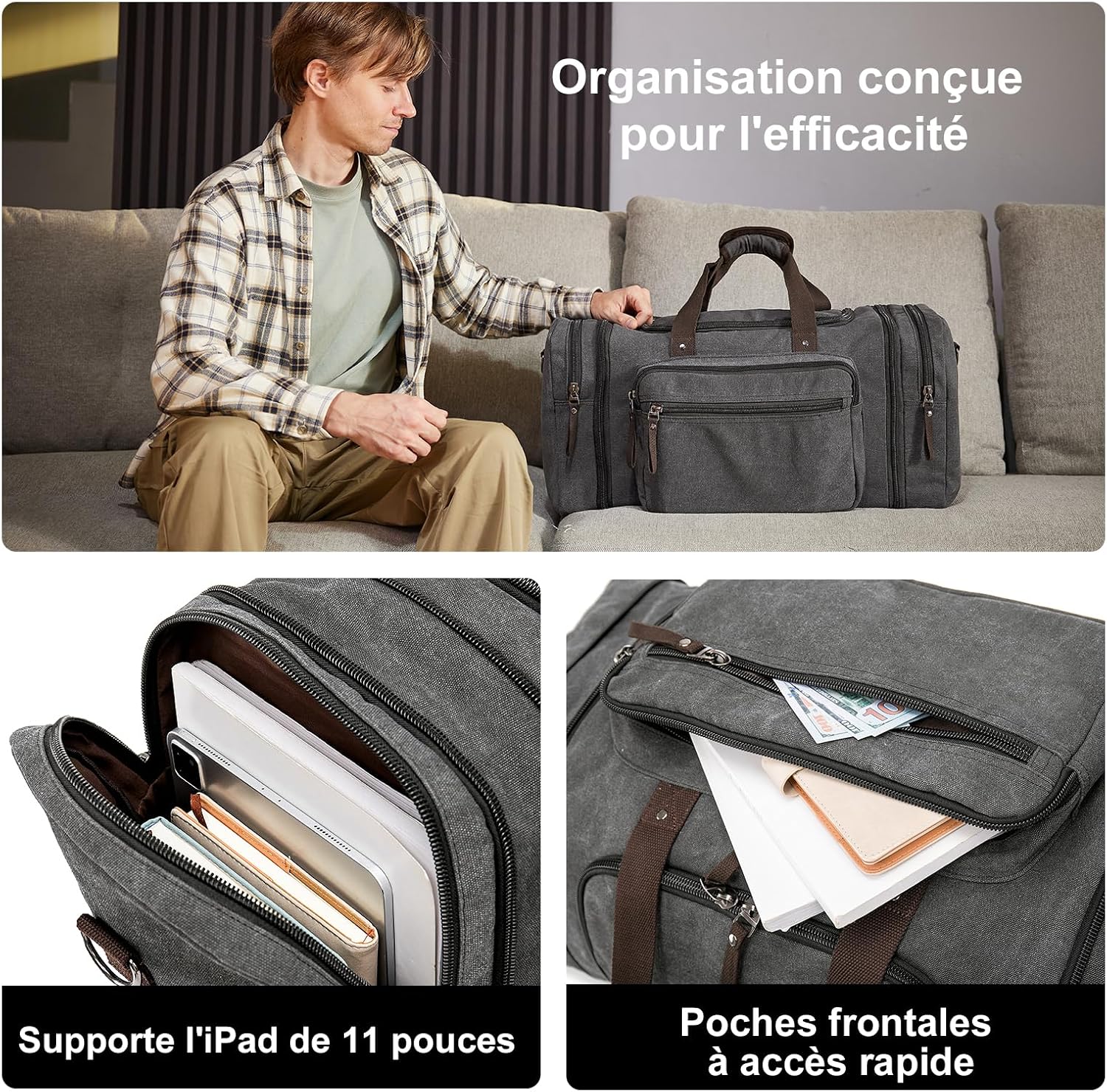 Detalle de EKOROMIER Grand sac de voyage en toile extensible 70L (week-end) pour homme – 62 x 29 x 33 cm