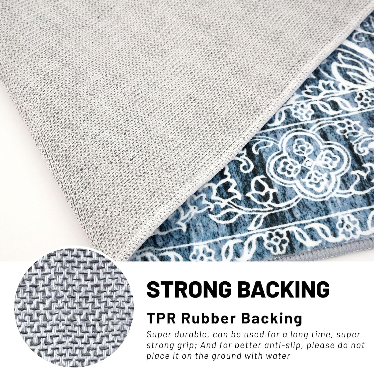 Detalle 2 de KUTA 3x5 Entryway Rug (Blue White Vintage Floral) Non-Slip, Washable Low-Pile