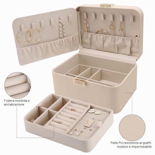 Detalle de KAMIER portagioie a 2 livelli in pelle PU beige con specchio e serratura