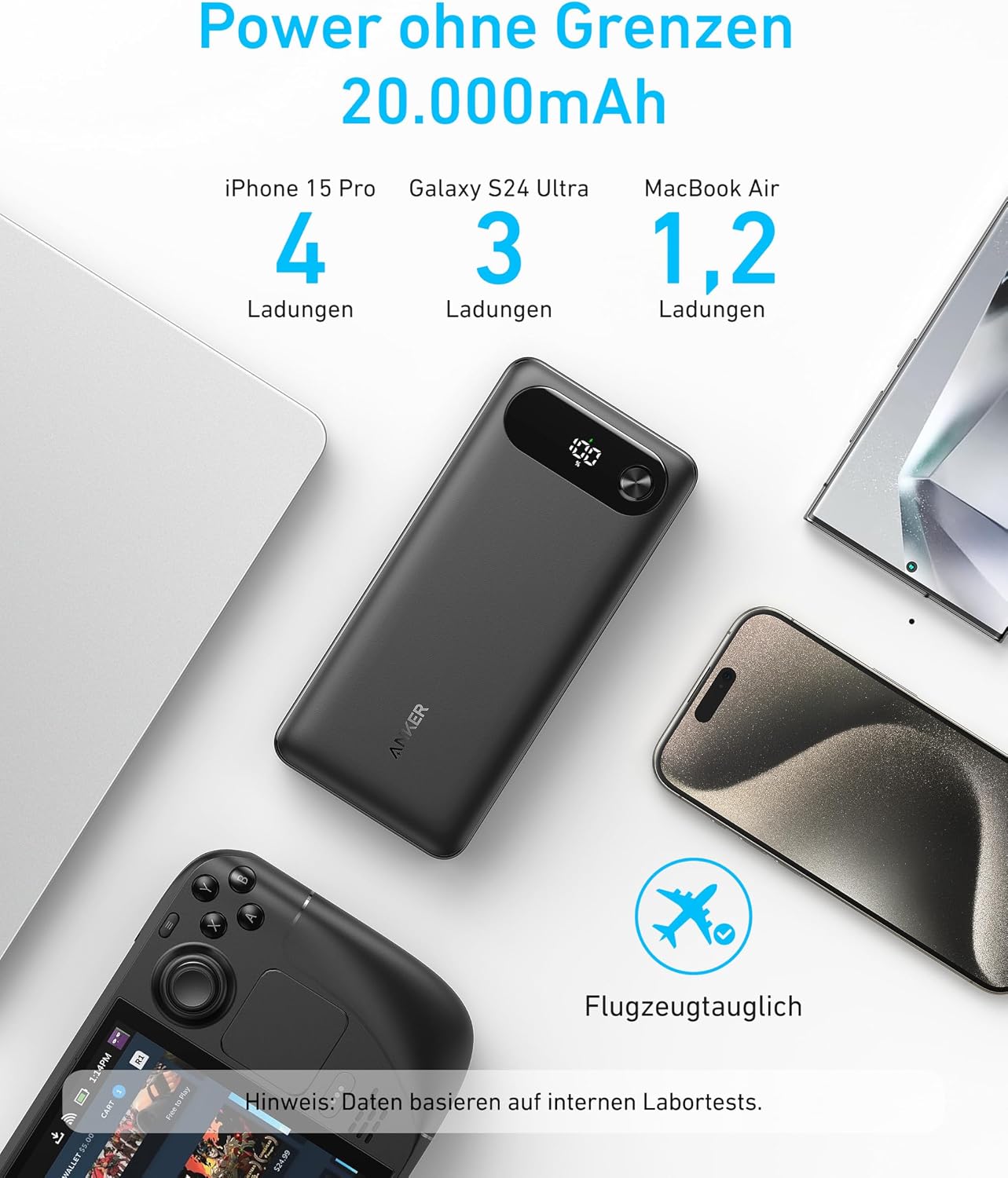 Detalle 2 de Anker Powerbank 20000mAh 87W Max mit integriertem USB-C Kabel – 3-Geräte-Ladung