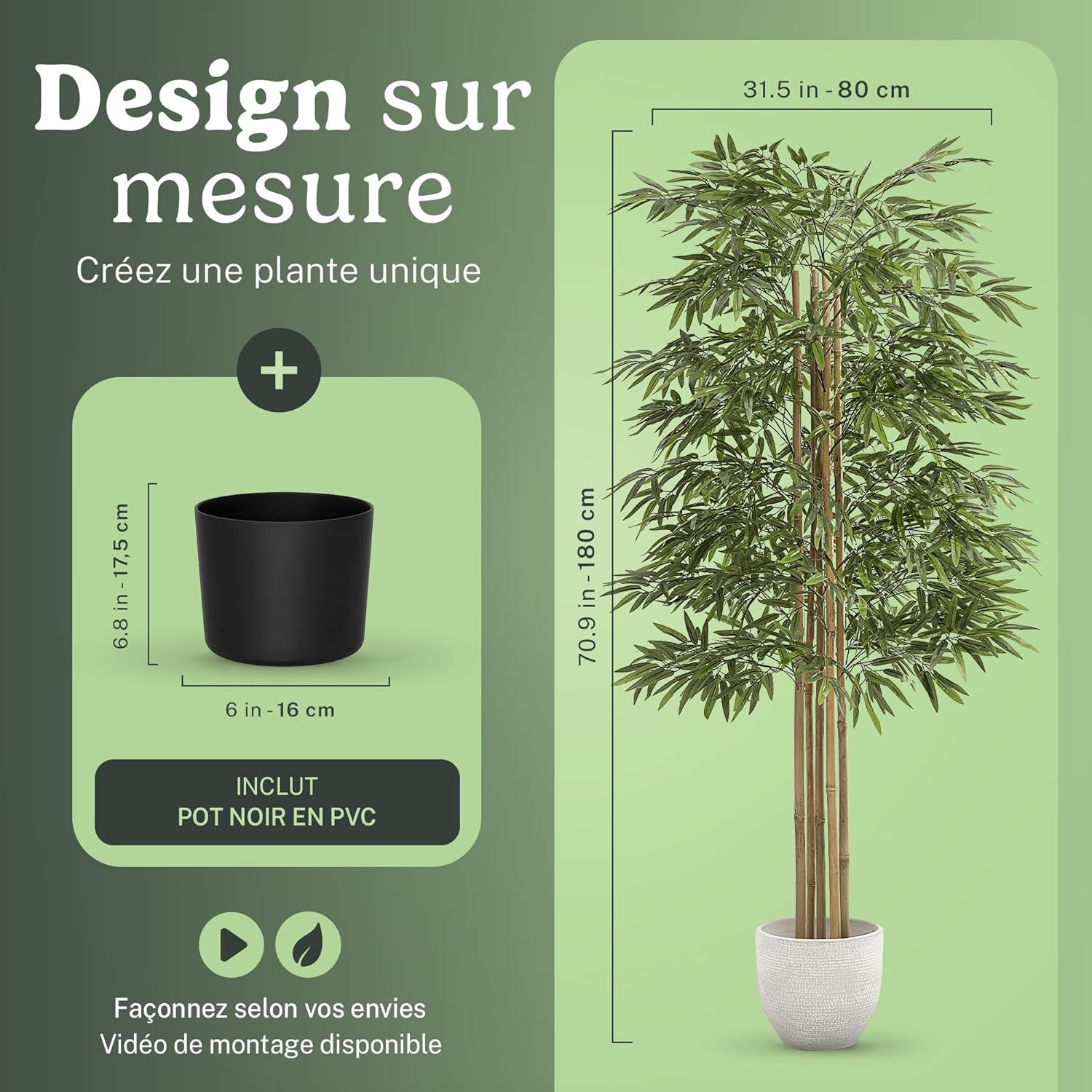 Detalle de Maia Shop Bambou Artificiel – Arbre décoratif 180 cm, pot inclus, sans entretien