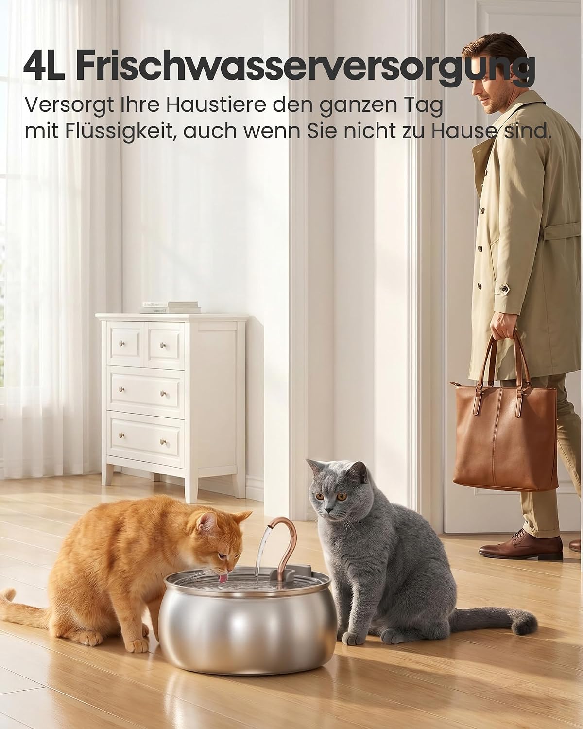 Detalle 2 de TOMXCUTE Katzenbrunnen 4L Trinkbrunnen aus Edelstahl für Katzen 🐾