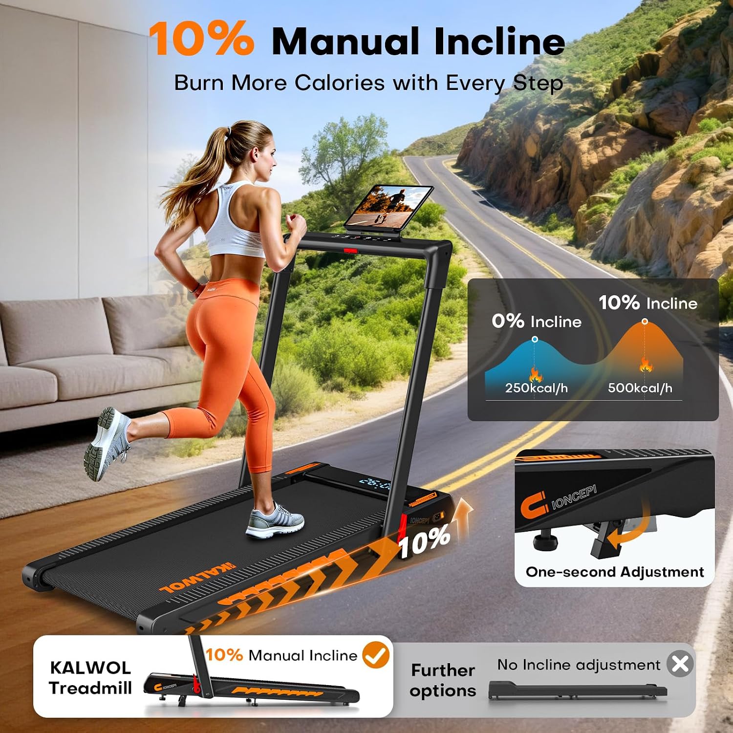 Detalle 2 de KALWOL 6-in-1 Foldable Treadmill with Speaker, App Compatibility and 10% Incline