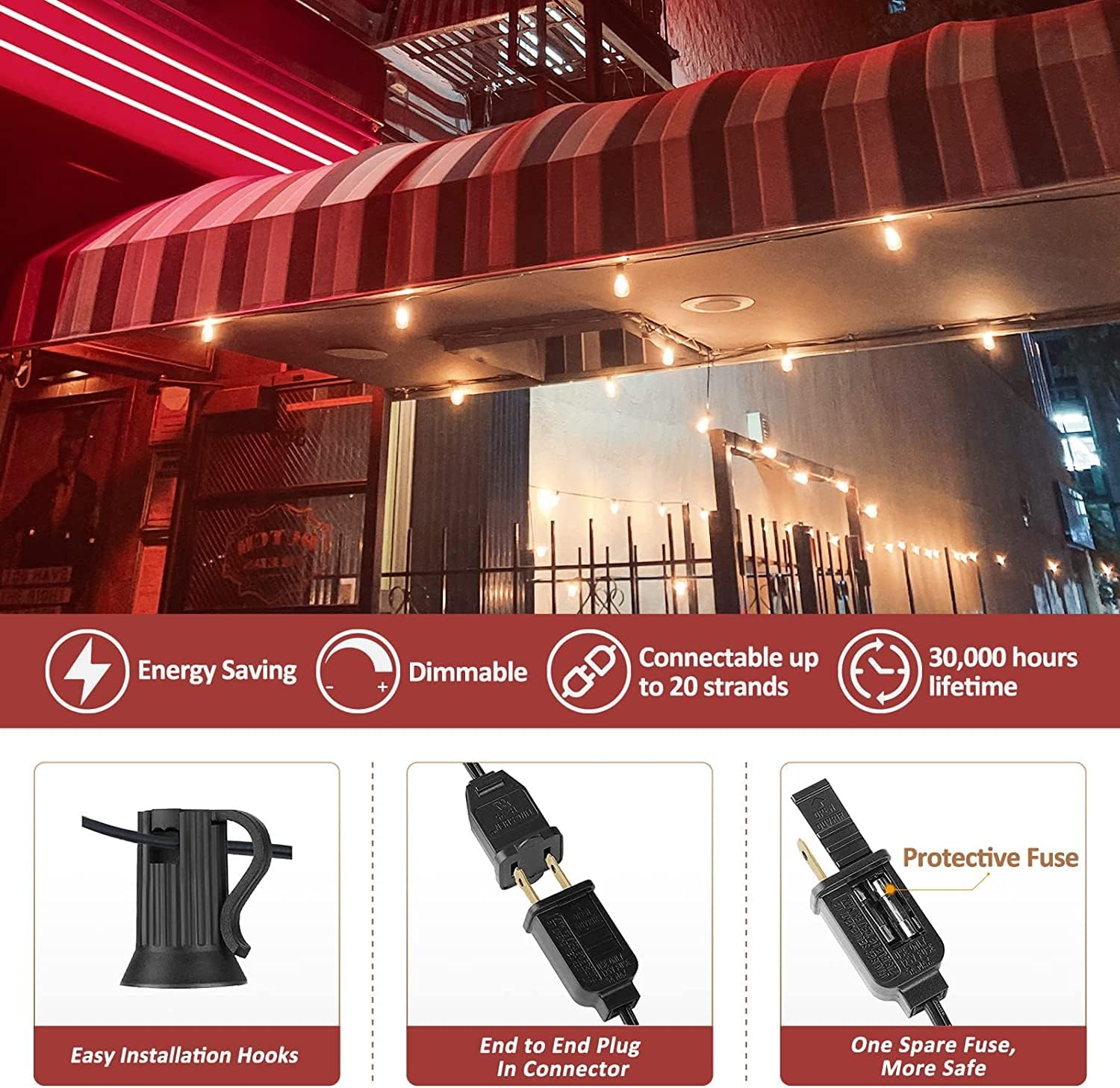 Detalle de Yuucio Catena Luminosa Esterno LED 18M - 60 prese, 30+1 lampadine ST38 in plastica PET, IP44, 2700K