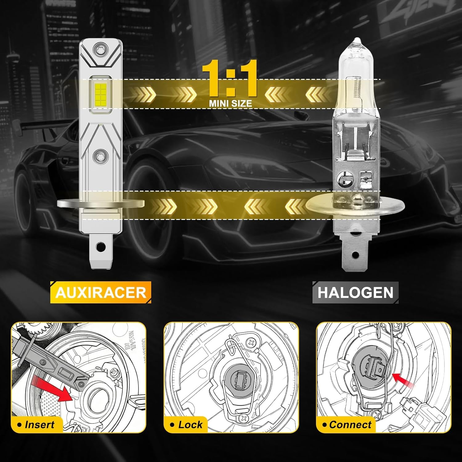Detalle de AUXIRACER H1 LED 500% Brillante – Kit 2 lampadine H1 LED Plug and Play 6500K 18000 LM, 50.000 ore, IP68