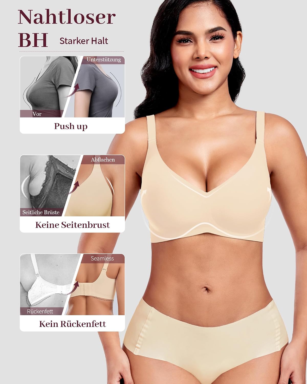 Detalle de Vinfact Nahtloser BH Damen Ohne Bügel – Push-up, V-Ausschnitt, kabellos, für Große Brüste