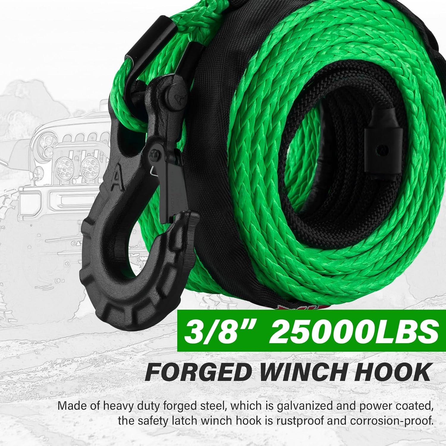 Thumbnail 4 de TYT Synthetic Winch Rope 3/8" x 92' with Hook — 27,000 lbs Break Strength, Includes Protective Sleeve