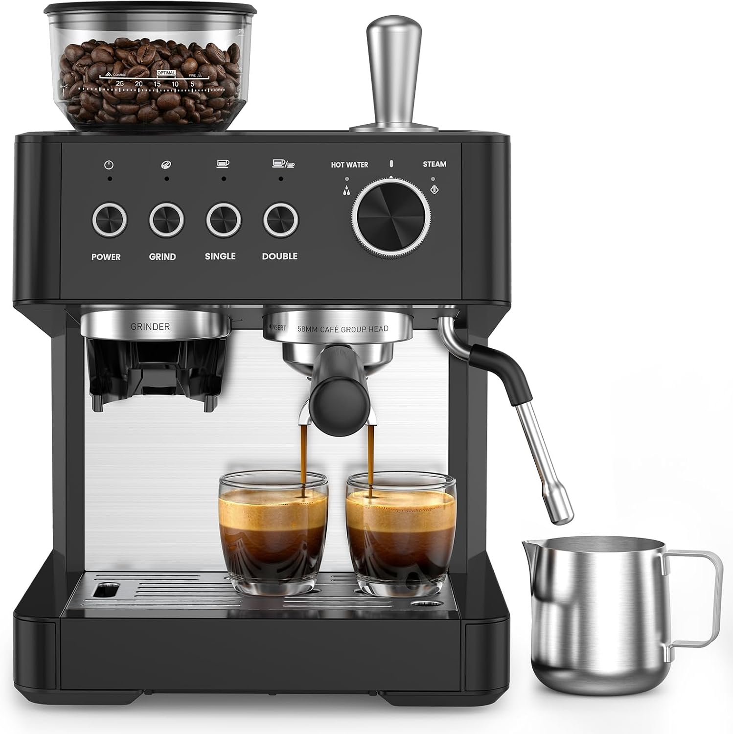 Thumbnail 6 de (2026 Upgrade) Espresso Machine with Grinder + Milk Steam Wand (15 Bar) — Home Espresso for Cappuccino & Latte