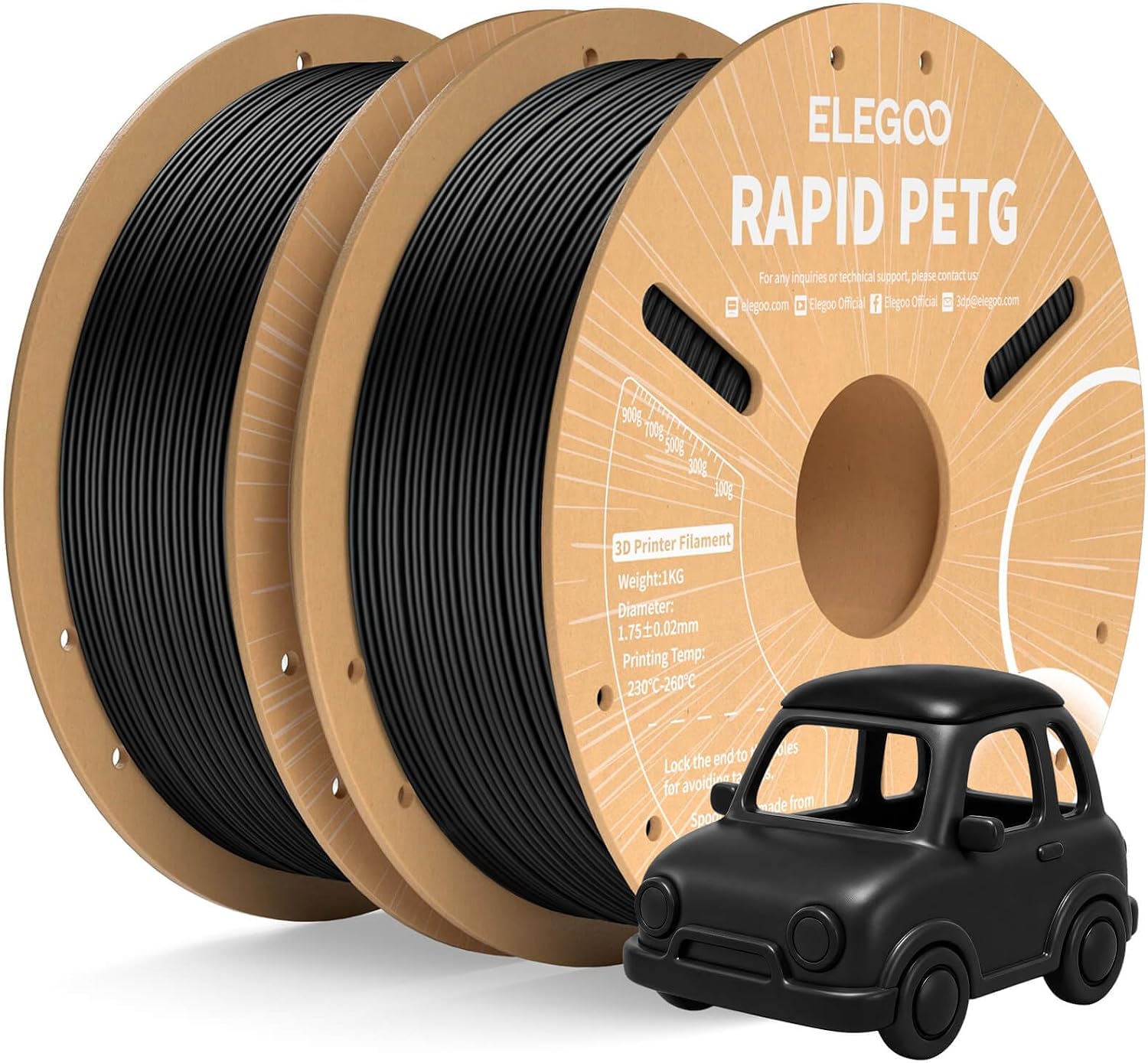 ELEGOO Rapid PETG 1.75mm Black 2-Pack High-Speed 3D Printer Filament