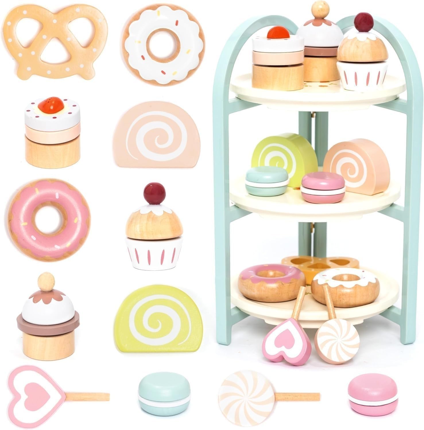 Detalle de UMU® Wooden Children's Kitchen Dessert Play Set with Stand – Safe, Classic Wooden Toy for Ages 3–6