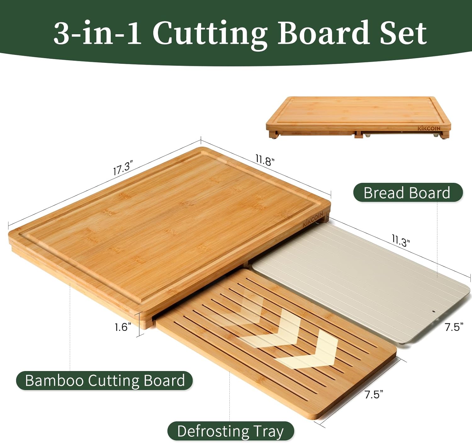Thumbnail 1 de Kikcoin Bamboo Cutting Board Set with Defrosting Tray: All-in-One Meal Prep Kit