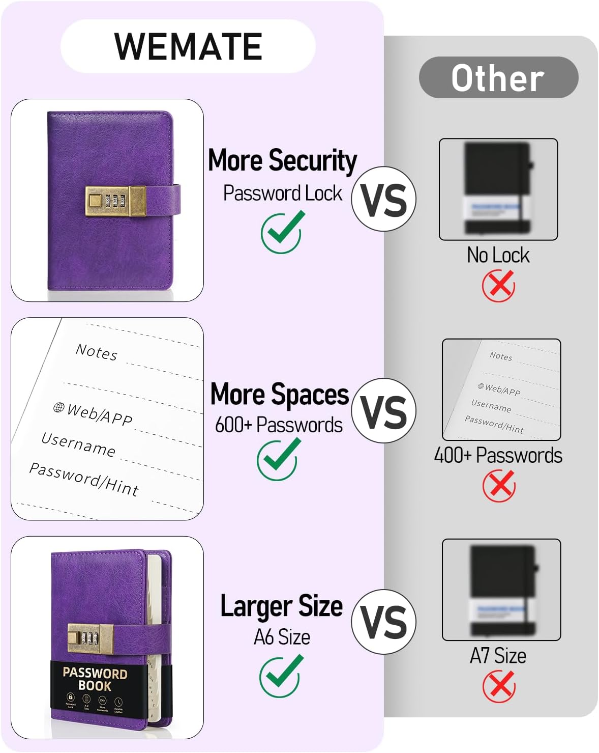 Thumbnail 2 de WEMATE Passwortbuch mit Schloss (violett) – abschließbarer Passwort-Organizer mit alphabetischen Registern