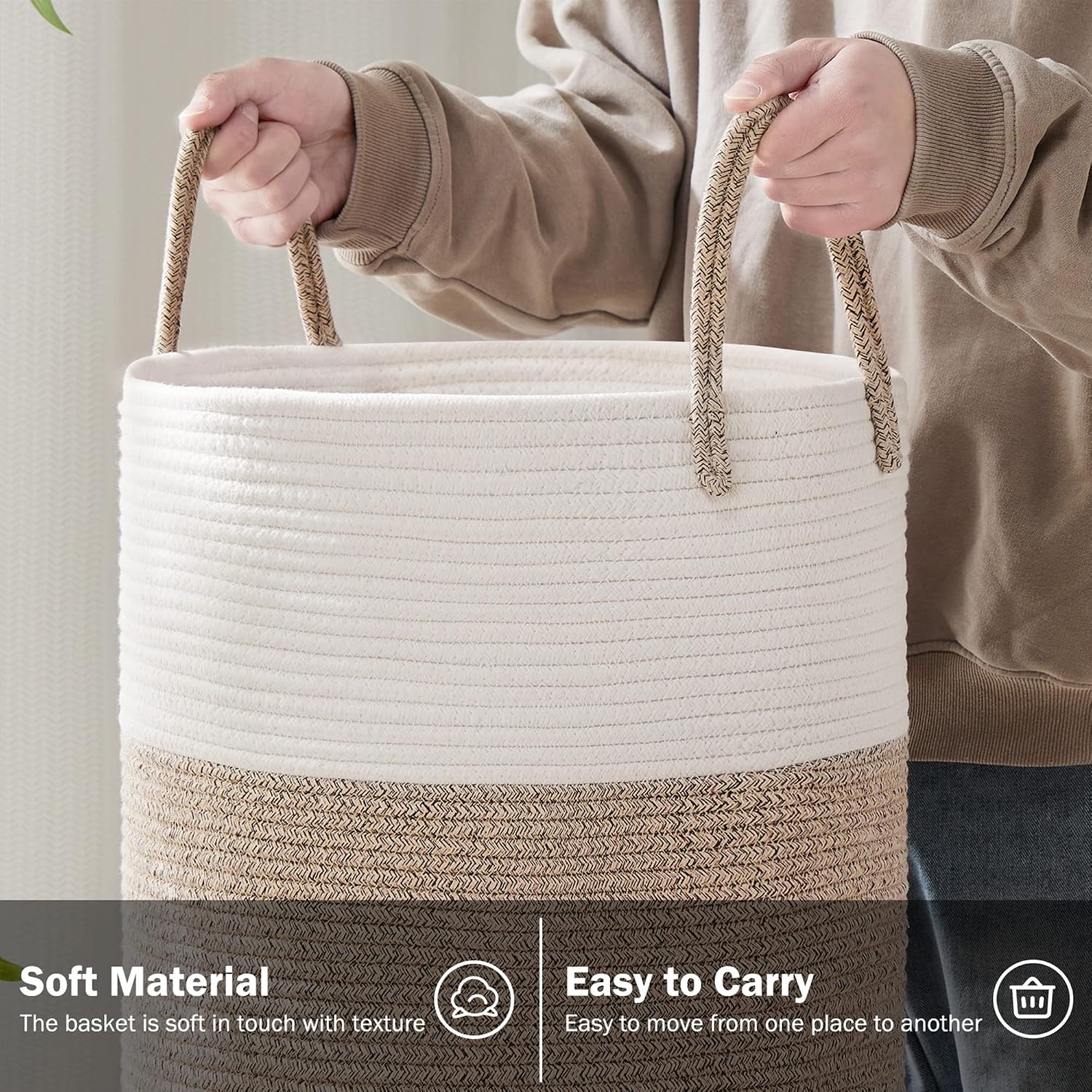 Detalle de YOUDENOVA Woven Rope Laundry Hamper, 58L Tall Cotton Basket, Brown