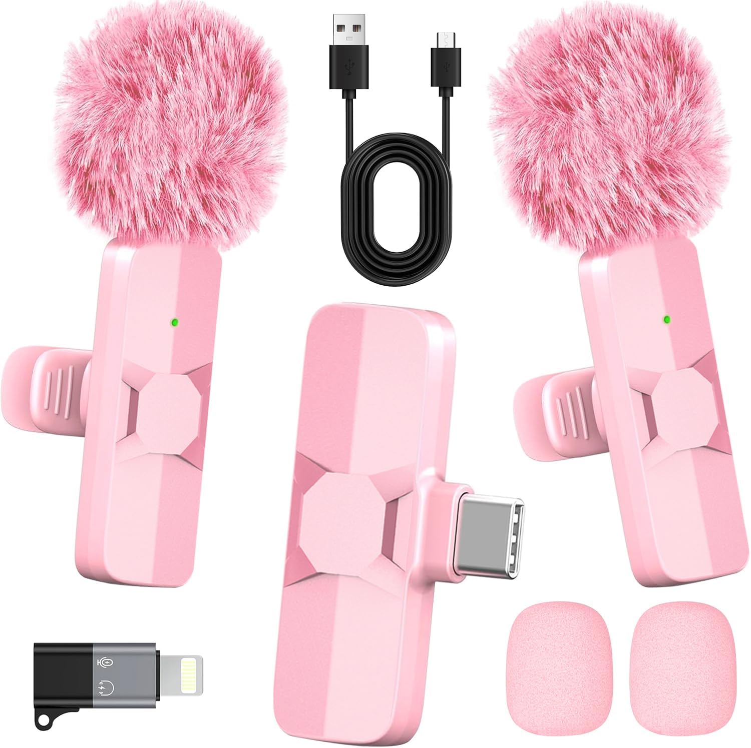 Detalle de HONGJIEYUAN Pink Wireless Lavalier Microphone (Dual Clip-On) for iPhone & Android