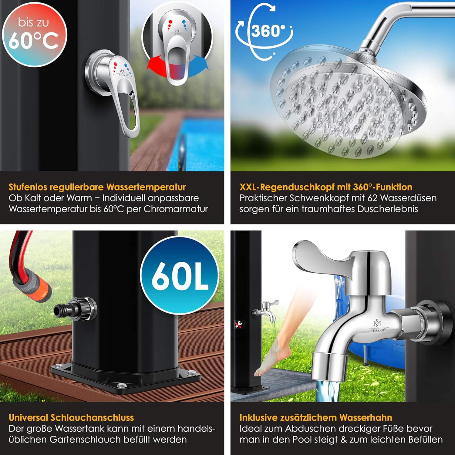 Detalle de KESSER® Solardusche 60L Gartendusche – Warmes Wasser ohne Strom für Garten und Pool
