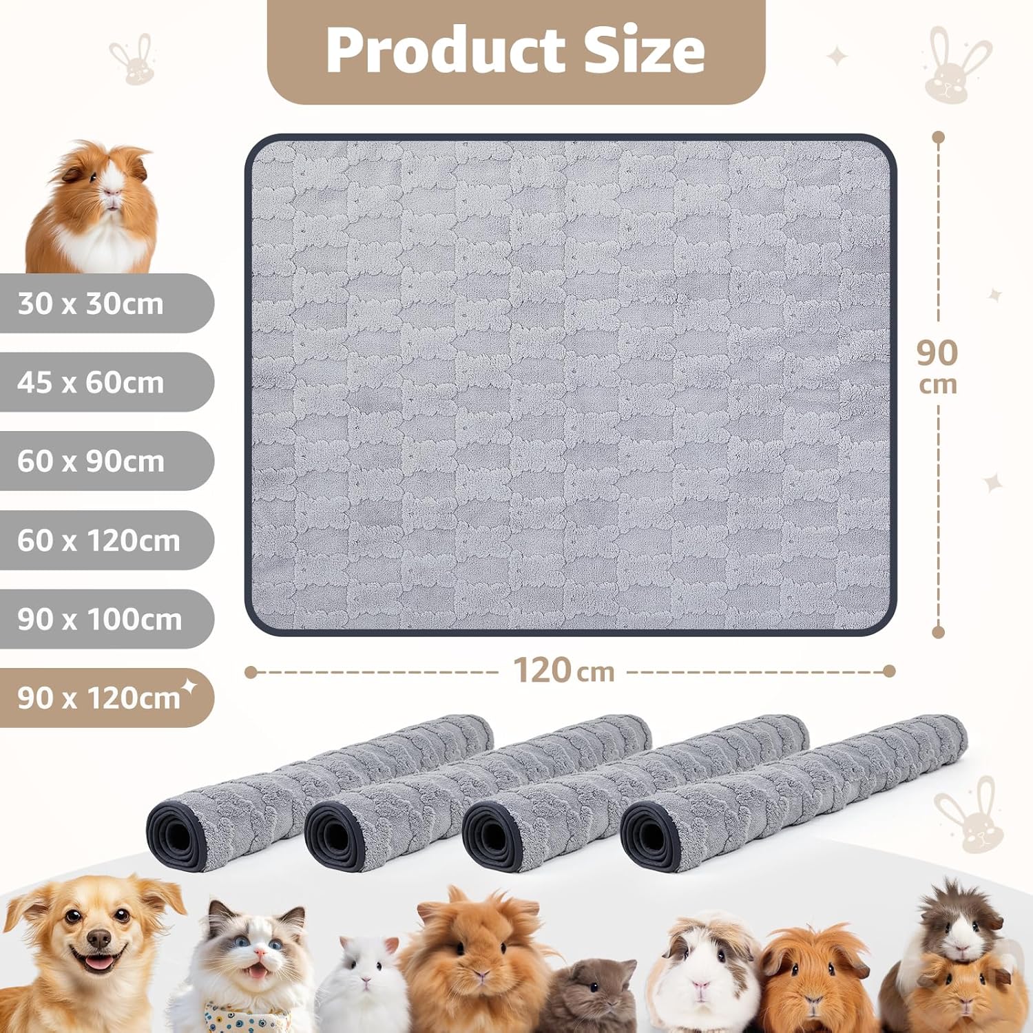 Thumbnail 6 de PICK FOR LIFE 4-Piece Guinea Pig Fleece Cage Liner (90 x 120 cm) – Washable, Leak-proof & Non-slip Small Pet Bedding