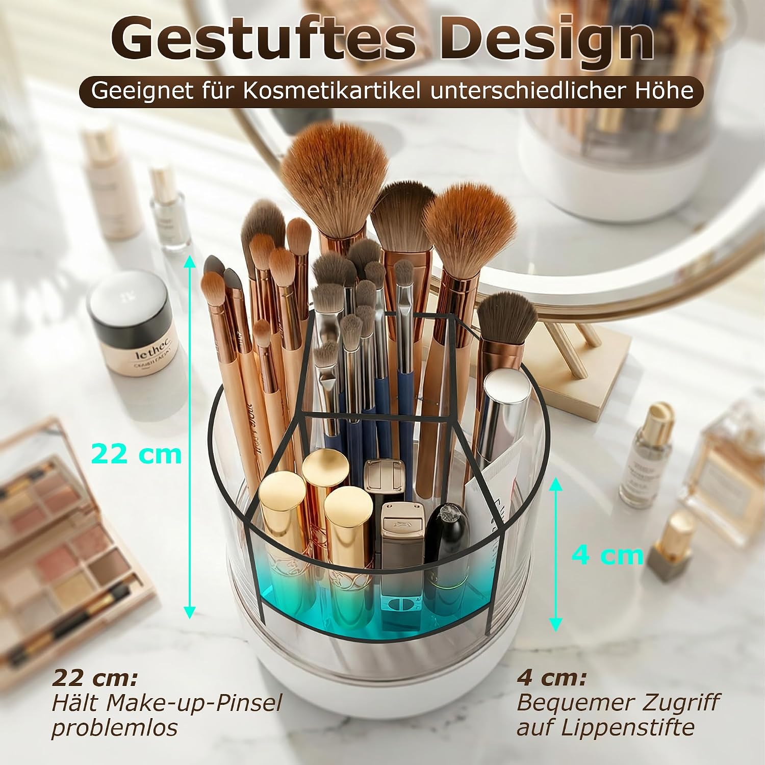 Detalle de CTIME 360° drehbarer Makeup Organizer – 5 Fächer in verschiedenen Tiefen für Pinsel, Lippenstifte, Nagellack & Stifte