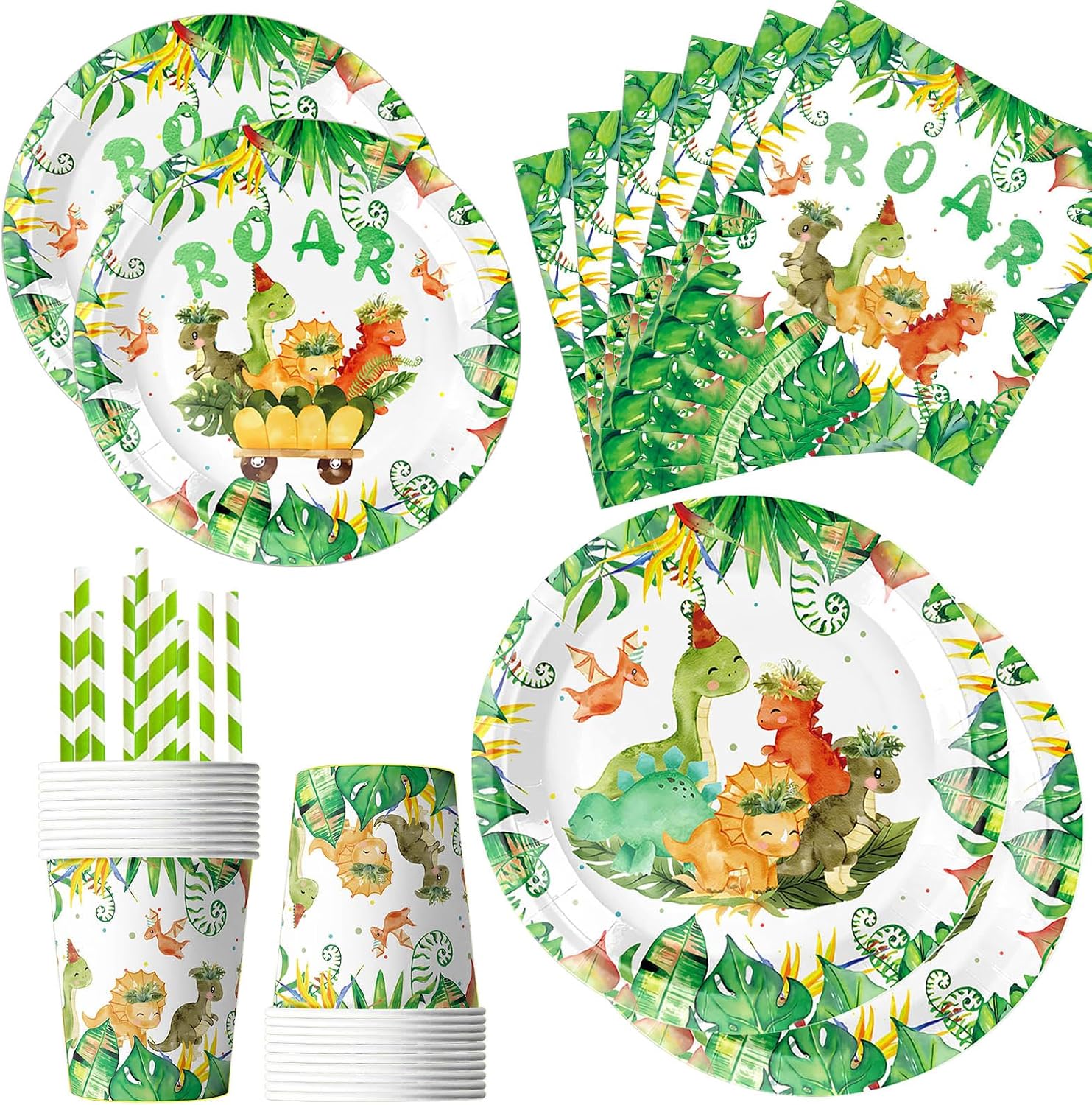 Detalle de Dino geburtstag Deko Partygeschirr-Set mit 60 Teilen für Kindergeburtstag – Pappteller, Becher, Servietten und Strohhalme