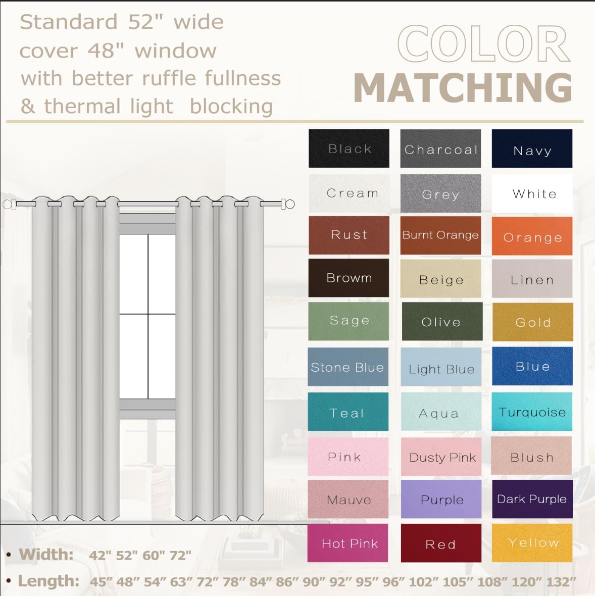 Thumbnail 2 de KOUFALL Beige Blackout Curtains 84-Inch - 70-80% Block, Triple-Weave 3-Pass for Living Room & Bedroom