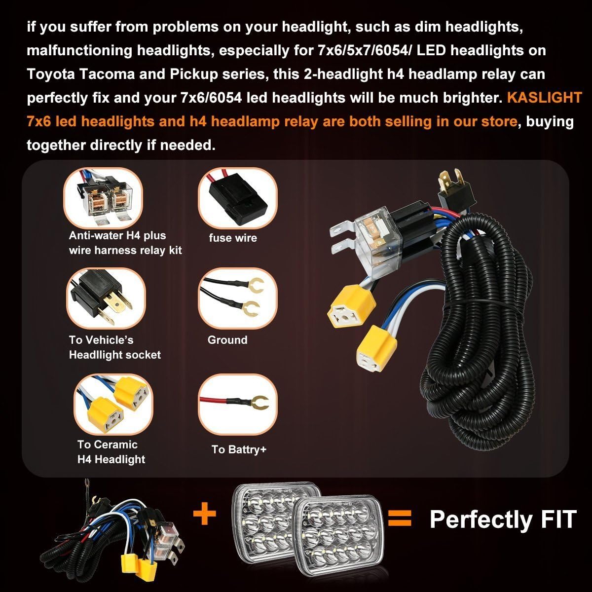 Detalle 2 de KASLIGHT H6054 H4 Headlight Relay Harness with Fused Wiring for LED Conversions