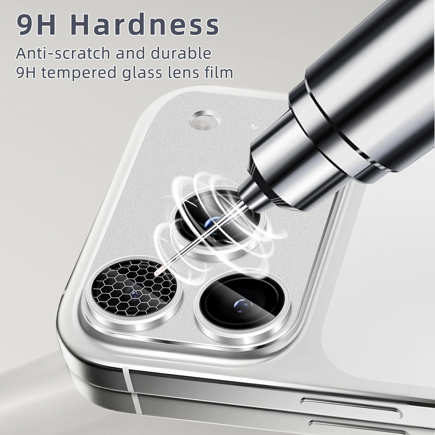 Detalle 2 de SumRioo Kameraschutz für iPhone 17 Pro Max – Panzerglasfolie mit 9H Härte und Aluminiumlegierung (Silber)