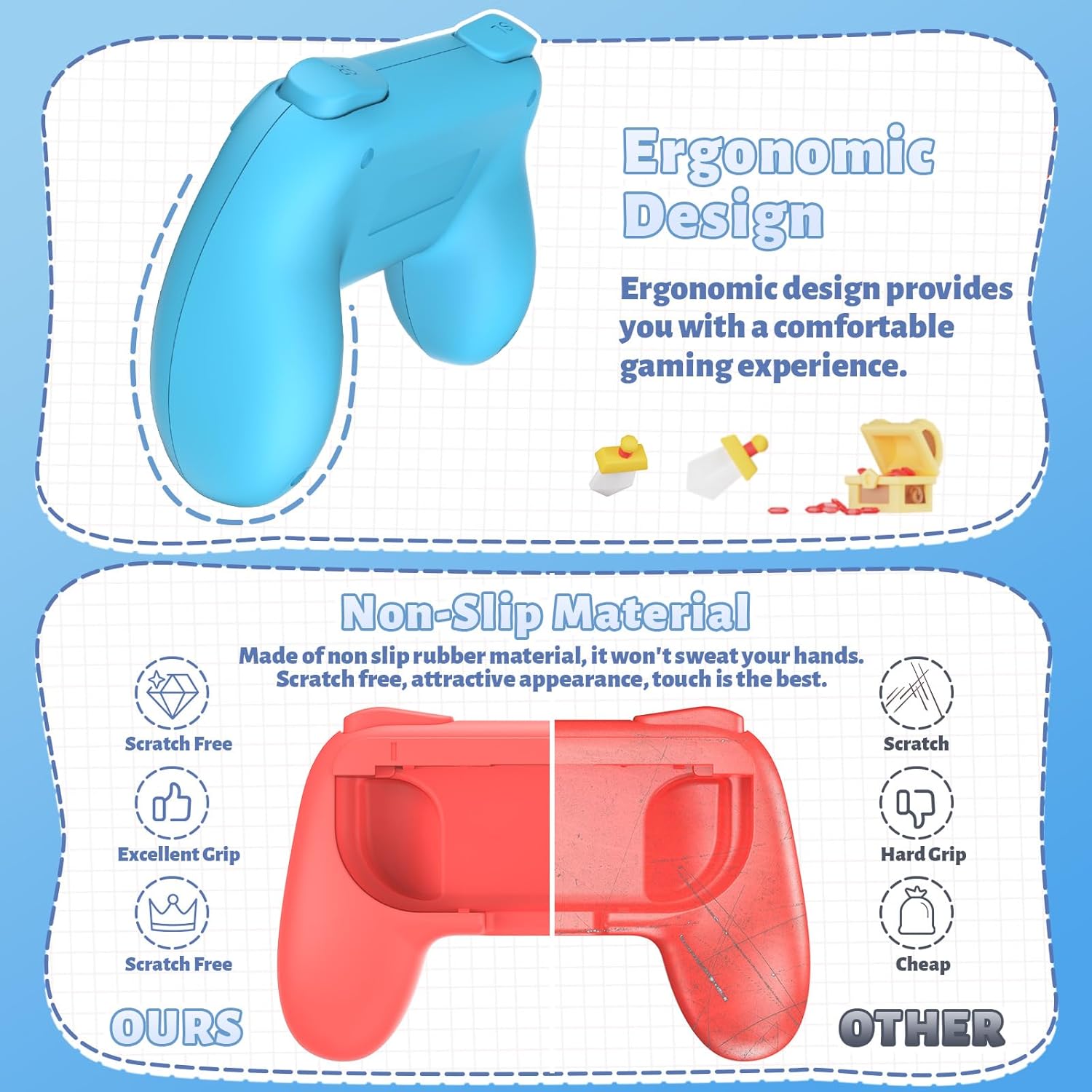 Thumbnail 1 de FASTSNAIL rutschfeste Griffe für JoyCon – kompatibel mit Nintendo Switch (OLED) + 3 Paar Daumengriffe in Blau/Rot