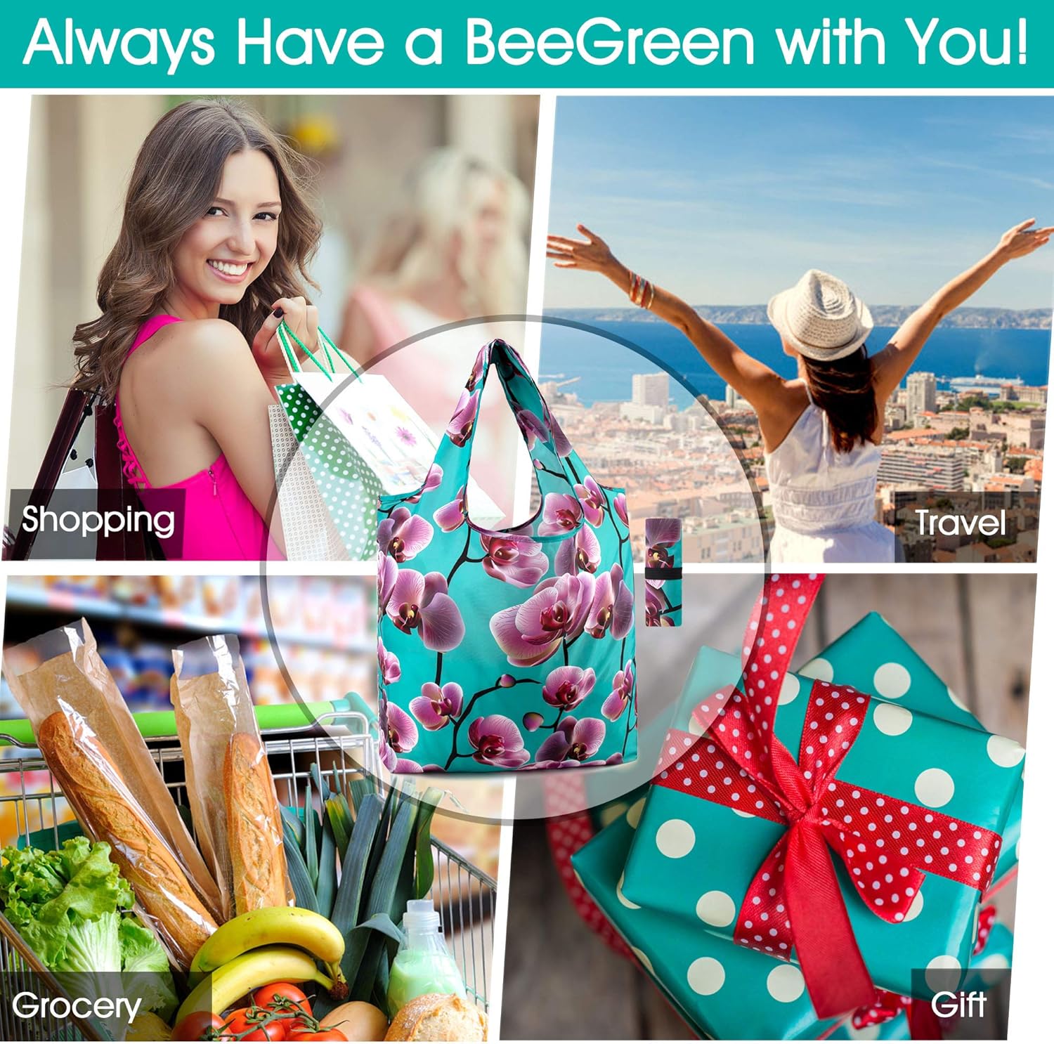 Thumbnail 6 de BeeGreen 10 Pack Washable Floral Grocery Bags – Extra Large 50 LBS Reusable Tote